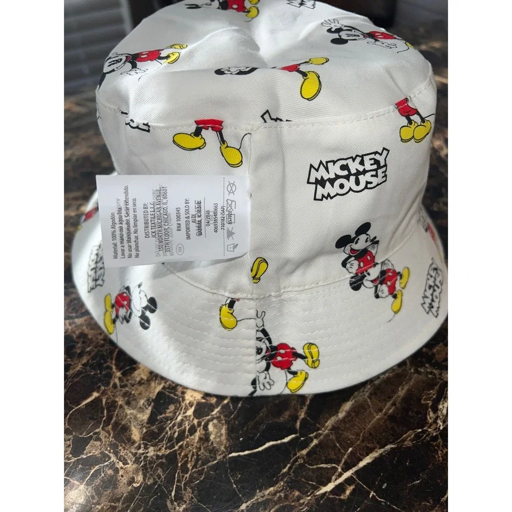 Disney Mickey Mouse Reversible Bucket Hat White All Over Print Cotton NWT One Sz
